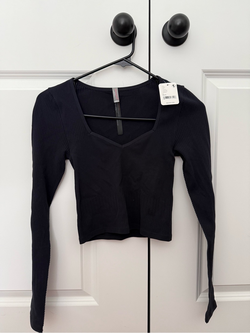 FP Movement by Free People Black Mesh V-Neck Long Sleeve Top